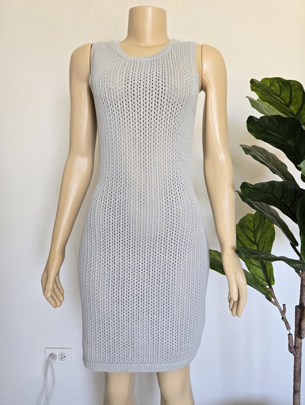 Reformation Organic Cotton 100% Grey Open Knit Tank Dress Size L Silver Color